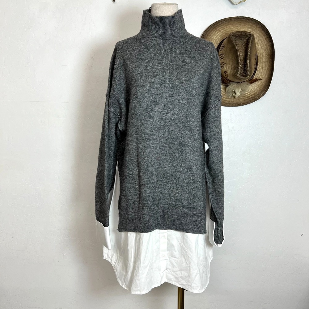 ZARA NWT Gray Layered Mock Neck Combination Poplin Knit Shirt Sweater Sz M